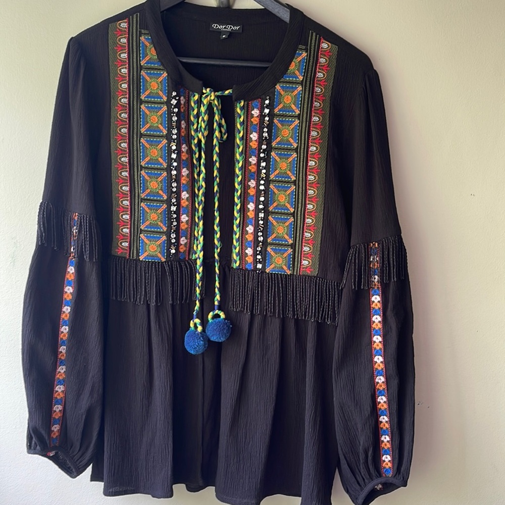Anthropologie Dor Dor Couture Embroidered Beaded Rhinestone Fringe Shacket Top - Picture 1 of 16